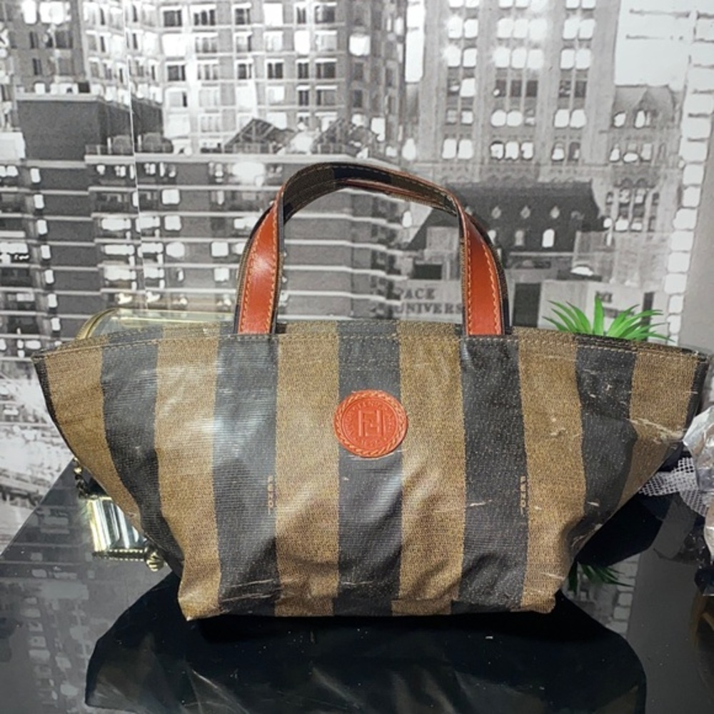 Authentic Fendi Pequin Striped Tote Bag Leather Handles